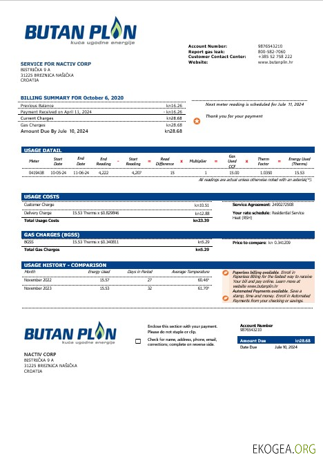 Croatie BUTAN PLIN modèle de facture de services publics pour les entreprises de gaz doo aux formats Word et PFD